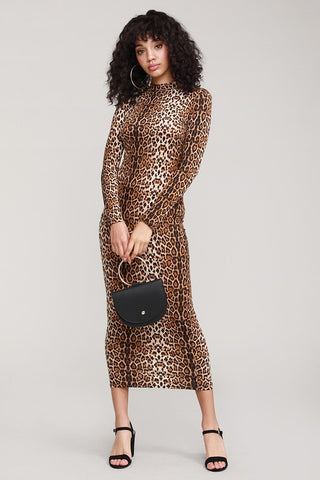 Leopard Long Sleeve Mock Neck Bodycon Midi Dress