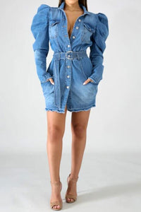 Empire Sleeve Button-Down Denim Mini Dress